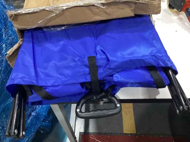 Condition photo showing As Is for amazon basics collapsible heavy duty utility wagon for outdoor sports, camping, garden, and shopping, versatile, easy to store, 265 pounds capacity, 27.6 x 40.9 x 20 inches, blue
