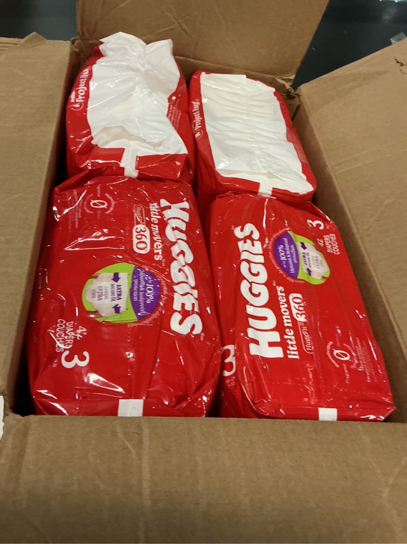 Condition photo showing New/Like New for huggies size 3 baby diapers, little movers huggfit 360° baby diapers with 360° waistband, size 3 (16-28 lbs), 168 count (3 packs of 56), packaging may vary size 3 168