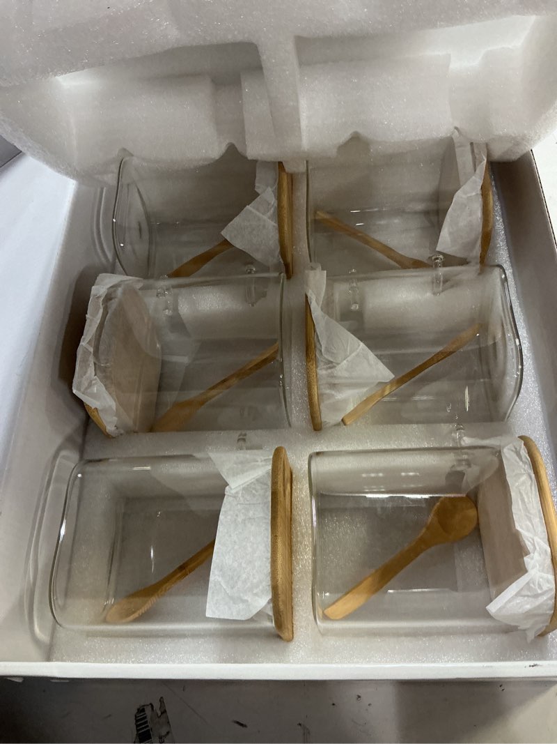 Condition photo showing New/Like New for hhmjsm 6 pcs square glass jar with bamboo lid and spoon - 27 oz large sugar container with 148 kitchen pantry spice jar labels preprinted - glass containers with wooden lids hold coffee, tea, candy 27oz