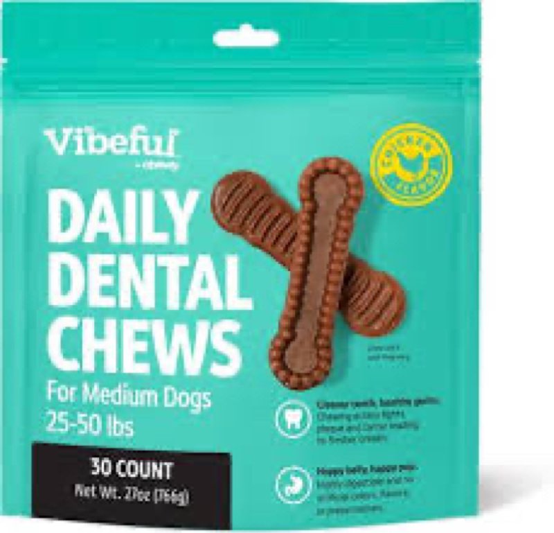 (BBD 03/08/26). Vibeful Daily Dental Chews For Medium Dogs 25-50 lbs 30 Counts