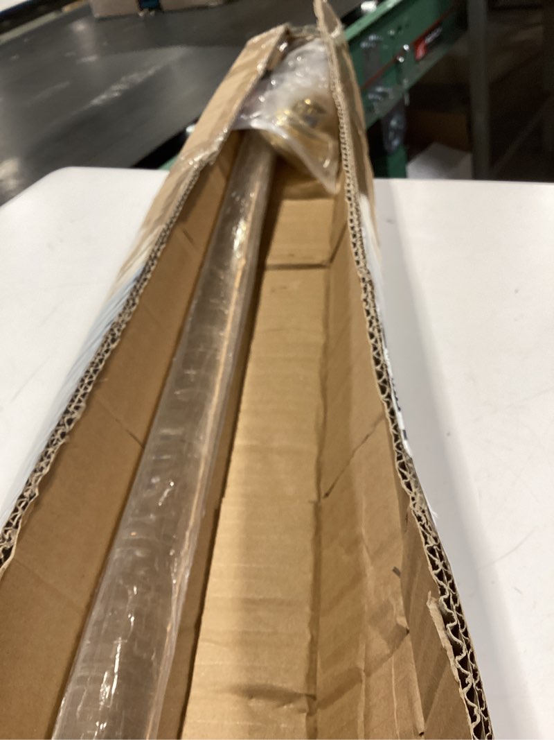 Condition photo showing Good Condition for 4ft acrylic curtain rod set for 48"windows, 1 1/2" diameter clear acrylic curtain rod with ten curtain rings. two gold yellow wall mounted brackets. modern & clear look. gold ss 4ft
