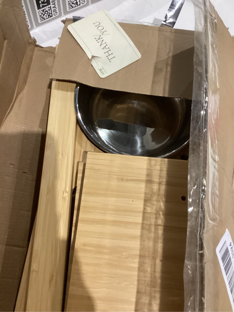 Condition photo showing Good Condition for HTB Elevated Dog Bowls,Raised Dog Bowl Stand with 2 Stainless Steel Bowls,Elevated Raised Dog Bowls for Large Medium Small Sized Dogs medium-7"tall,29 Oz bowl Bamboo