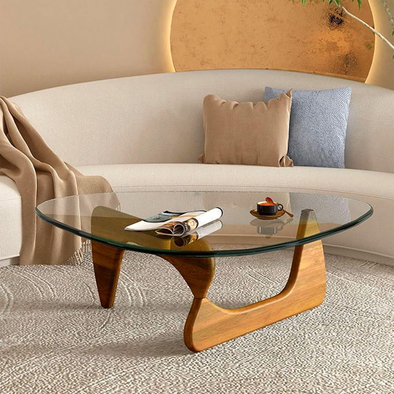 Coffee Tables for Living Room - Triangle Glass Coffee Table with Wooden Base Mid-Century Modern Abst