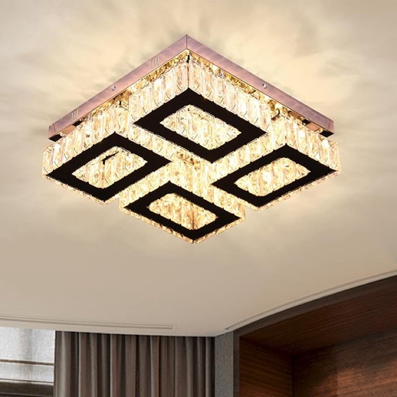 13.1''Square Crystal Chandelier Modern Crystal Ceiling Light Flush Mount Ceiling Lamps for Dining Room Living Room Bedroom Hallway (Warm)