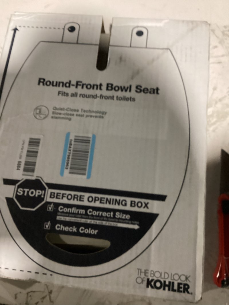 Condition photo showing New/Like New for kohler 20111-96 brevia, slow close toilet seat, round toilet seat, grip-tight bumpers quick-attach hardware, biscuit biscuit round quiet-close