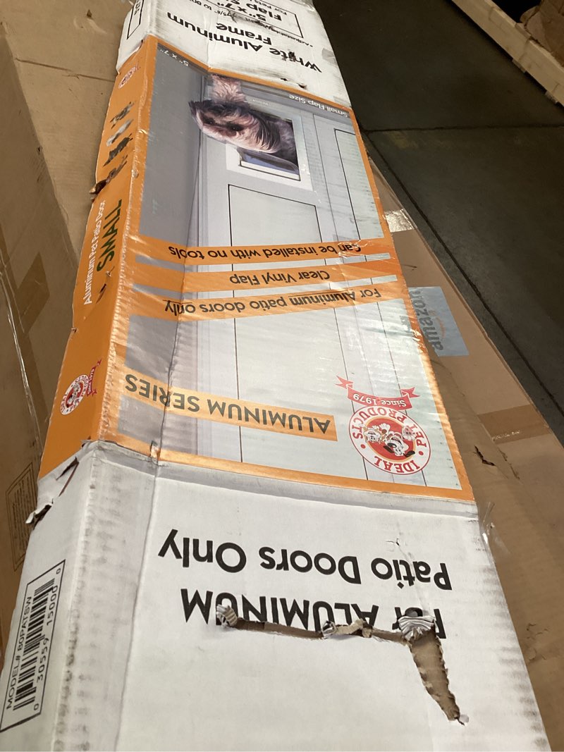 Condition photo showing As Is for ideal pet products aluminum pet patio door, adjustable height 77-5/8" to 80-3/8", 5" x 7" flap size, white white small/5" x 7" flap size