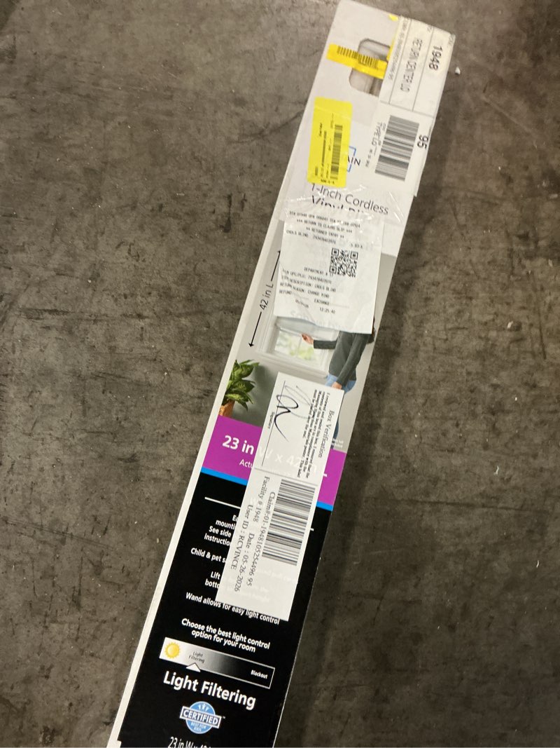 Condition photo showing Good Condition for mainstays cordless 1" vinyl light filtering blinds, white, 23" width x 42" length