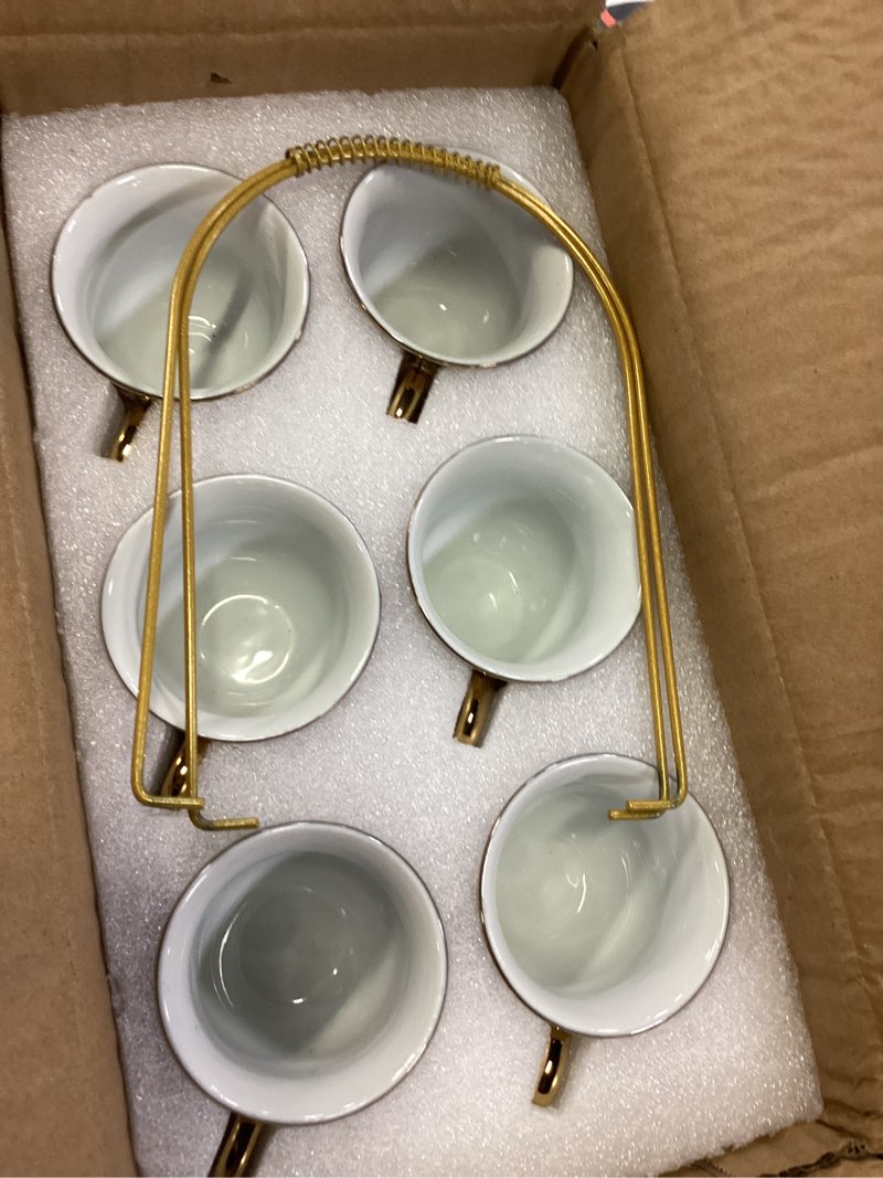 Condition photo showing New/Like New for 20 pcs porcelain tea set with metal holder, european ceramic tea set for adults, adult tea set gift, flower tea cup saucer set for party with gold flower painting (elegant purple/500ml)