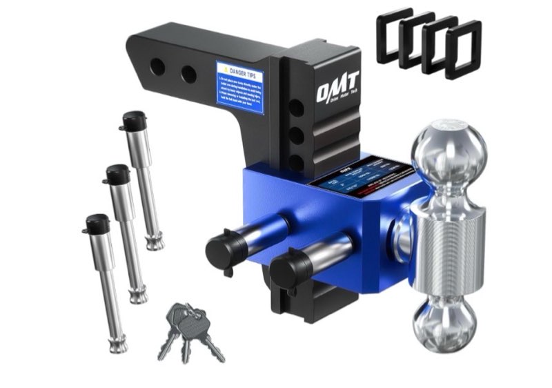 orion motor tech adjustable trailer hitch, heavy duty drop hitch 2 inch receiver, 6" drop & rise hitch with 2" & 2-5/16" balls, 360° dual-ball mount with 12500 lb. towing capacity for class iii & iv