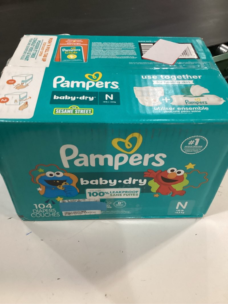 Condition photo showing New/Like New for Pampers Diapers - Baby Dry - Size 0, 104 Count, Absorbent Disposable Newbort Diaper (Packaging May Vary) Newborn 104