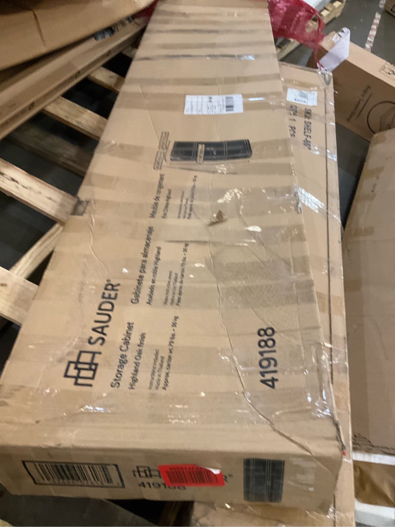 Condition photo showing As Is for Sauder Select Storage Cabinet, Pantry Cabinet Kitchen Storage with Adjustable Shelves, Bathroom Storage Cabinet, in Highland Oak