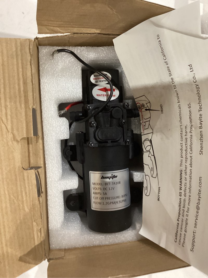 Condition photo showing As Is for 12v dc water transfer pump with 2 hose clamps 12 volt diaphragm pump self priming sprayer pump with pressure switch 4.5 l/min 1.2 gpm 80 psi for weed atv marine boat