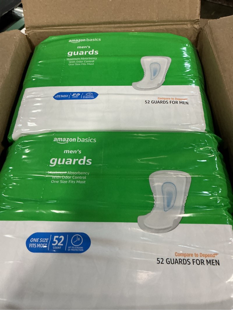 Condition photo showing New/Like New for amazon basics men's incontinence guards, maximum absorbency, moisture-wicking with odor protection, one size fits most, 104 count (2 packs of 52)