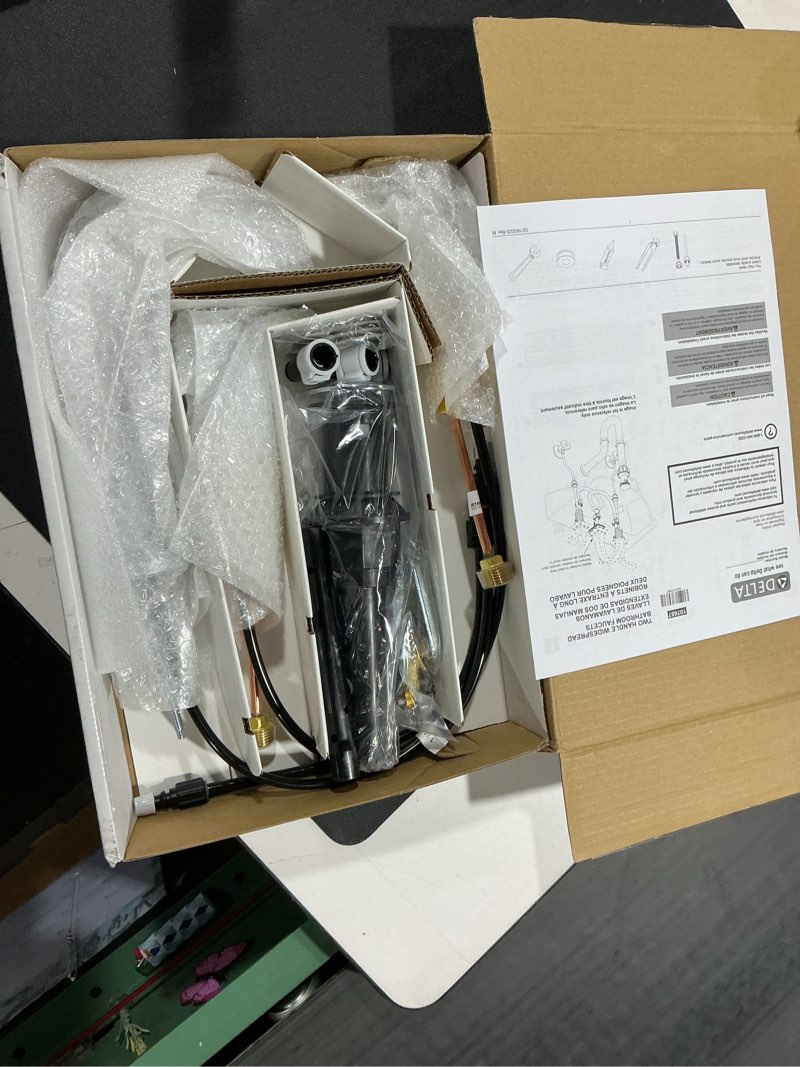 Condition photo showing Good Condition for Delta Nicoli Chrome Faucet 3 Hole, 8 Inch Widespread Bathroom Sink Faucet for Vanity, Push-Pop Drain Assembly, Chrome 35749LF