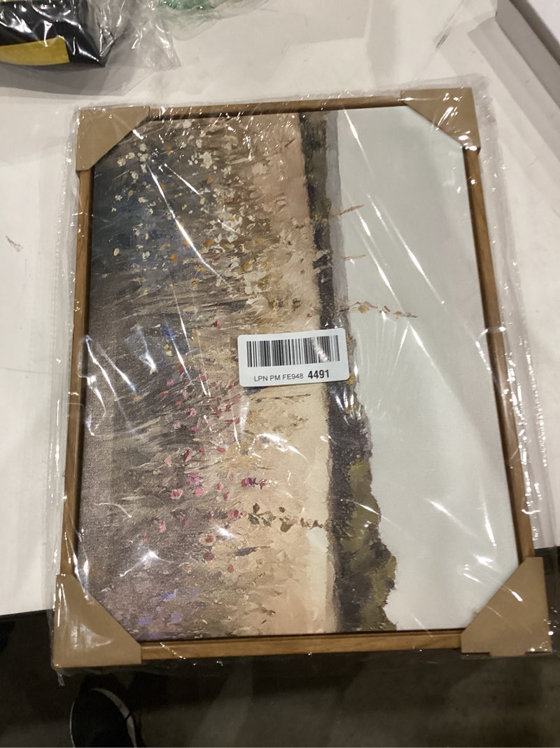 Condition photo showing New/Like New for KBKBART Framed Vintage Wall Art Prints, Retro European Country Autumn Wildflower Field Landscape Canvas Painting Farmhouse Decor, Rustic Antique Framed Canvas Wall Art for Bathroom, Bedroom, Living Country Wildflower Field 12"L x 16"W