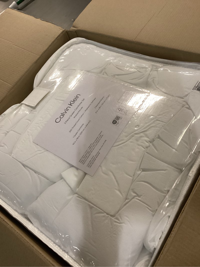 Condition photo showing New/Like New for calvin klein - queen comforter set, modern cotton washed percale bedding with matching shams, oeko-tex certified (washed percale white, queen) queen washed percale white