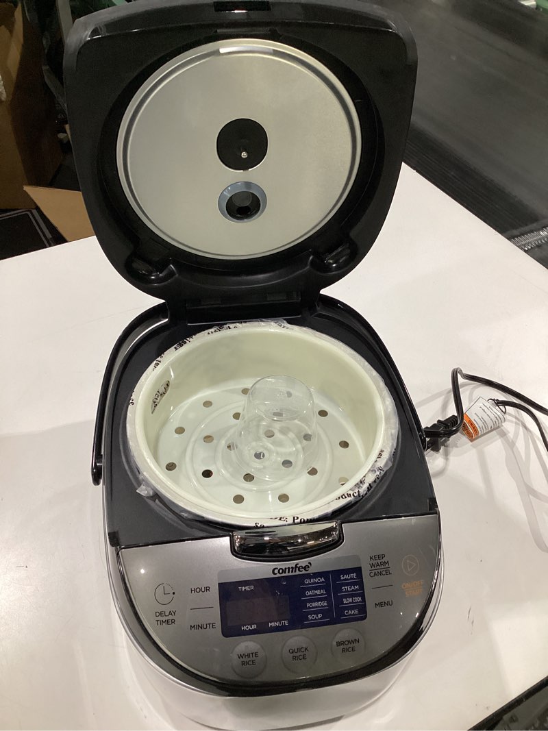 Condition photo showing As Is for COMFEE' Rice Cooker 12 Cups Cooked/6 Cups Uncooked, Portable Non-Stick Rice Maker, Japanese Rice Cooker with Fuzzy Logic Technology, 24-Hour Timer Delay, 11 Presets, Steamer, Fast Cooker, Grain Cooker, Black 6 Cups_Unspecified, NOT TESTED, LID WONT STAY SHUT