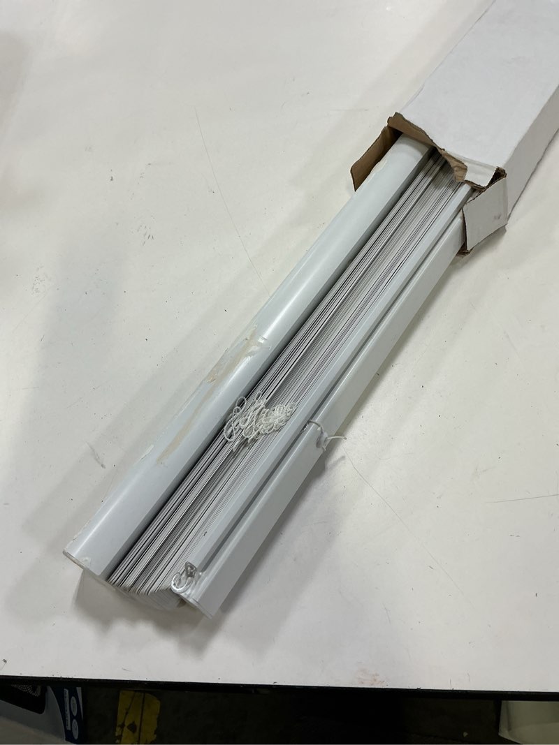 Condition photo showing As Is for project source light filtering 1-in slat width 43-in x 64-in cordless white vinyl light filtering mini-blinds