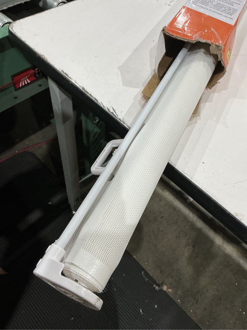 Condition photo showing As Is for 42 inch extra tall retractable baby gates with reinforced strips 55 inch wide outdoor retractable dog gate no sag extra tall baby gate for doorway anti-scratch mesh gates for kids or pets, white white 42" tall x 55" wide? with reinforced bar ?