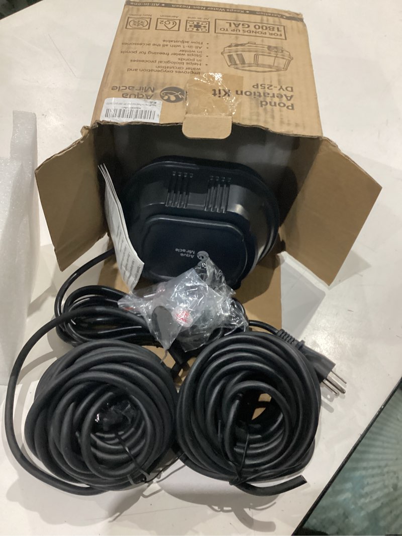 Condition photo showing As Is for aquamiracle all-in-one koi pond aerator for outdoor ponds, pond air pump with airline tubing, air stones, check valves & air filter pad up to 1800 gallon