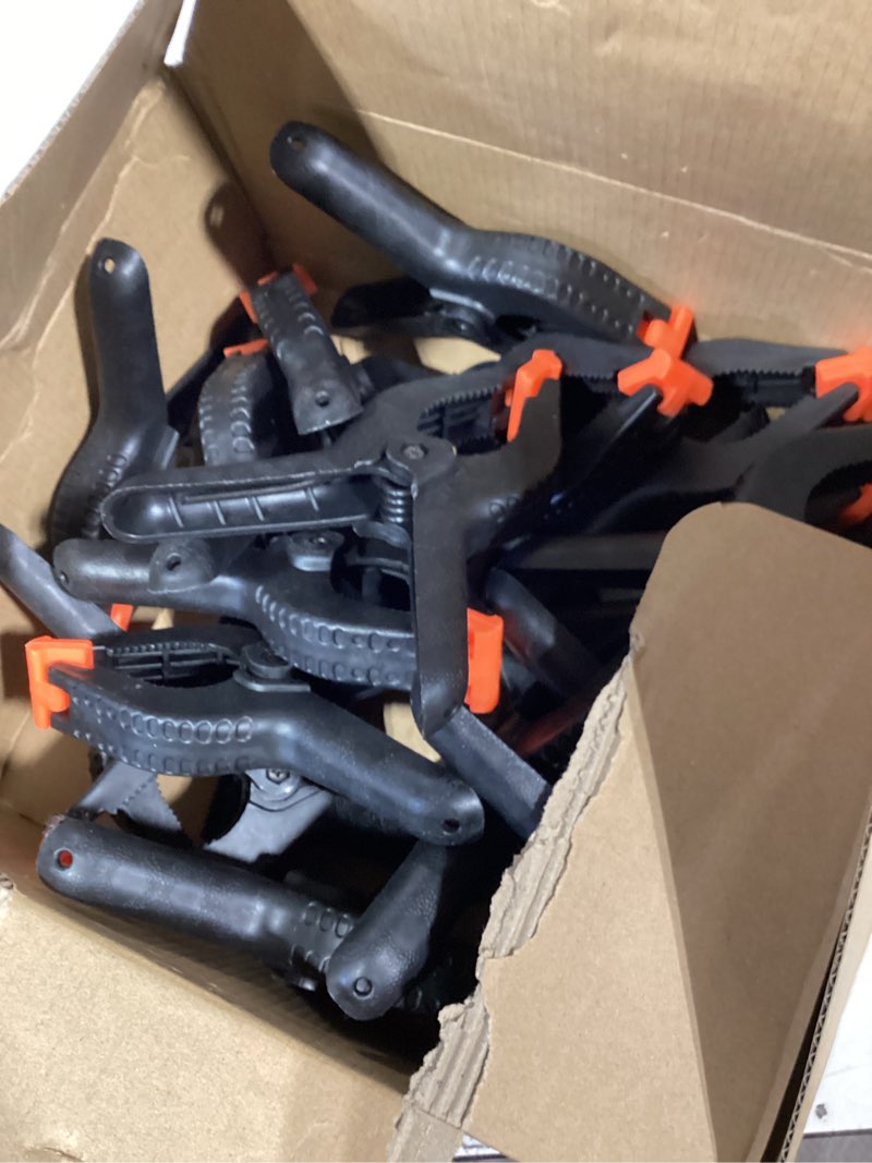 Condition photo showing Good Condition for 20 pack 6 inch plastic spring clamps, black heavy duty clips, backdrop clips, plastic clamps for crafts, backdrop stand, woodworking, photography 6in-20p