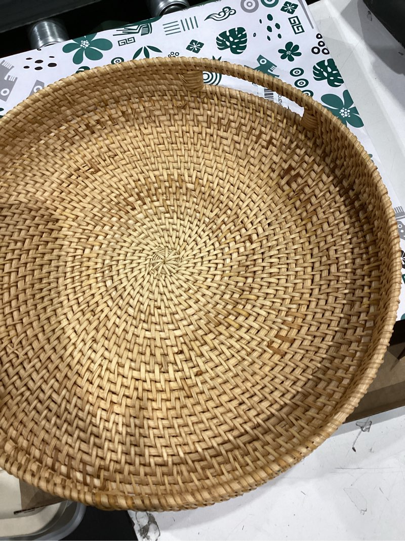 Condition photo showing Good Condition for jungle culture large rattan serving tray 14" in natural honey • round table basket • wicker ottoman trays with handles for coffee table, bed side or couch • flat circle woven tray • boho farmhouse 13.9" natural honey