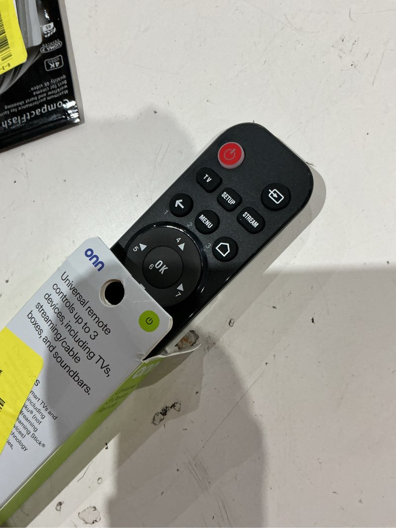Condition photo showing As Is for onn. universal 3-device remote, black, compatible for tv, streaming, soundbar
