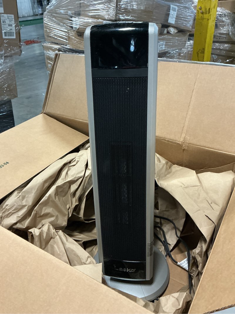 Condition photo showing As Is for Lasko Oscillating Digital Ceramic Tower Heater for Large Rooms, with Adjustable Thermostat, Timer and Remote Control, 29 Inches, 1500W, Black, 5586 Black 5586 Tower Heater space heater