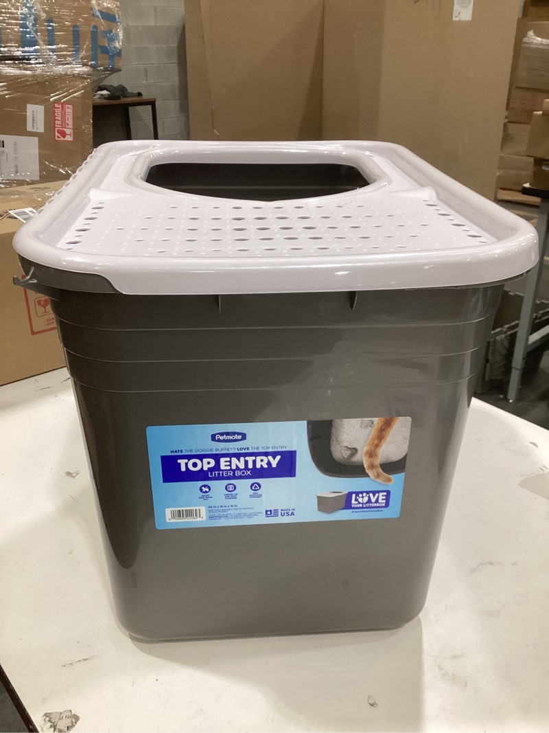Condition photo showing As Is for petmate enclosed cat litter boxes with hinged lid and wide top entry opening, cat litter box enclosure with filter lid, made in usa, scoop not included