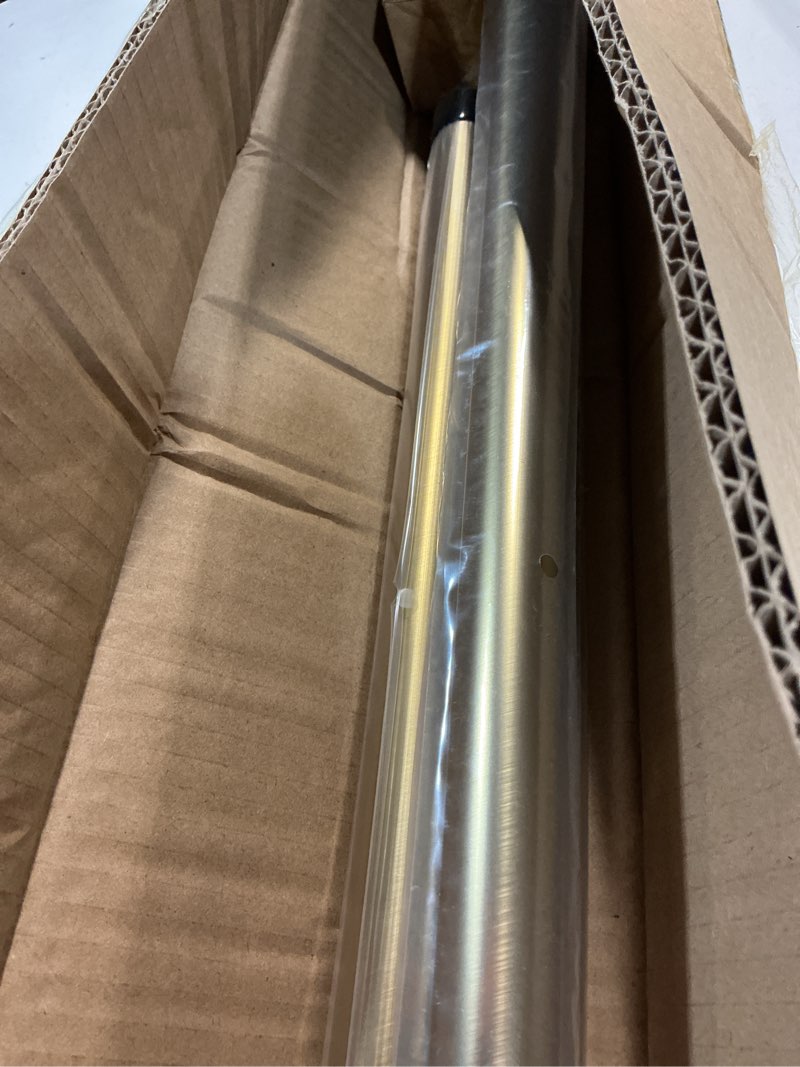 Condition photo showing As Is for warm gold bay window curtain rods with aluminum end cap finials and brackets,adjustable 36-72 inch center rod for windows (24-68’’), 20-36 inch side rods for windows (16-32’’),1 inch diameter 20-36"&36-72"&20-36"(3 sided) warm gold