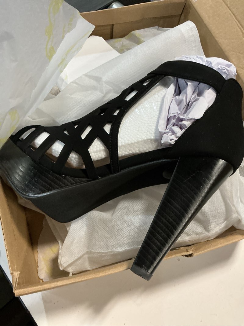 Condition photo showing Good Condition for open toe ankle strap sandal – western bootie stacked heel open toe cutout shoes 7.5 black