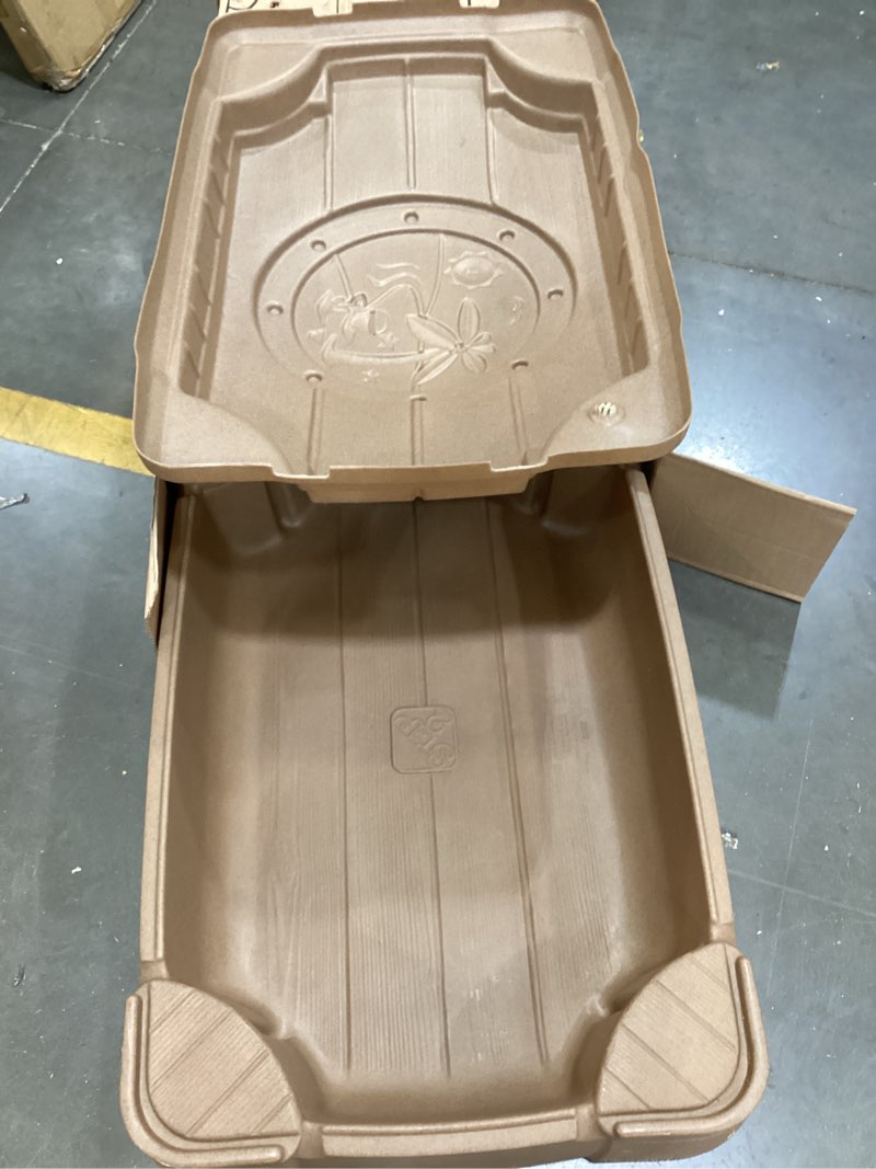 Condition photo showing As Is for play and store outdoor backyard sandbox for toddlers with cover lid, beige