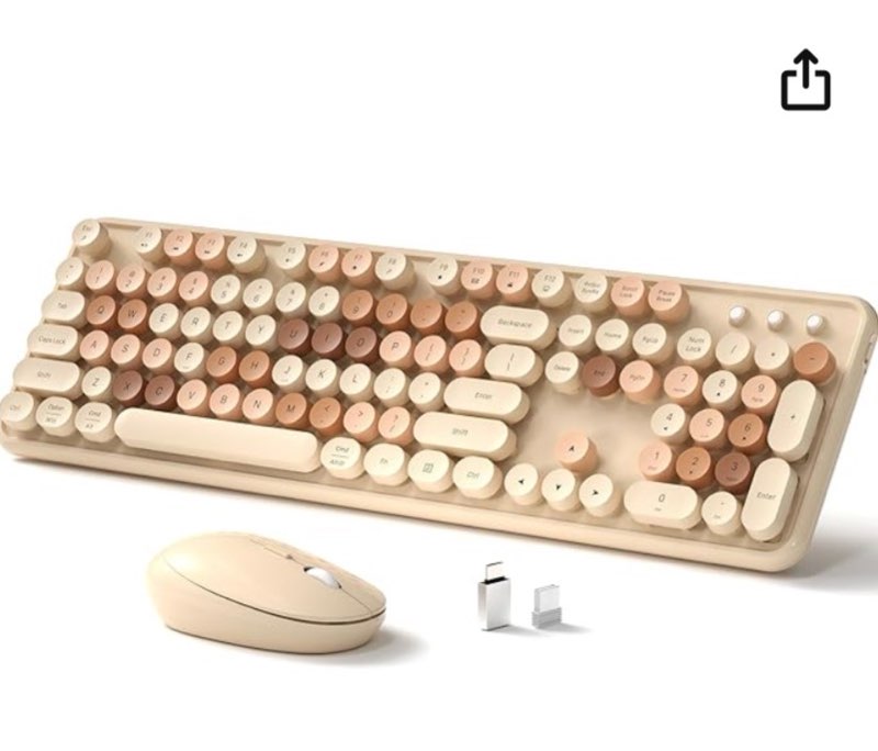wireless keyboard and mouse, full-size retro typewriter keyboard with round keycaps, 2.4ghz for windows, mac, laptop, pc, desktop (milky tea colorful)