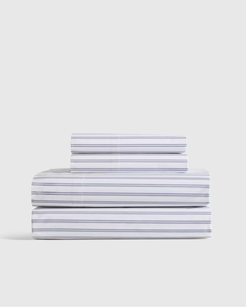 organic crisp percale double stripe sheet set color: white/mineral size: king set: with flat sheet