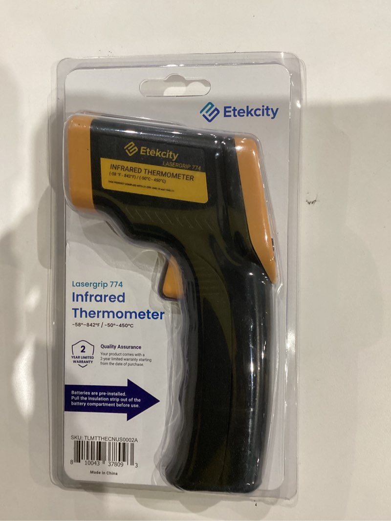 Condition photo showing New/Like New for etekcity infrared thermometer laser temperature gun 774, meat food candy oven thermometer for griddle accessories, heat gun for cooking refrigerator tools, adjustable emissivity & max measure, yellow classic yellow