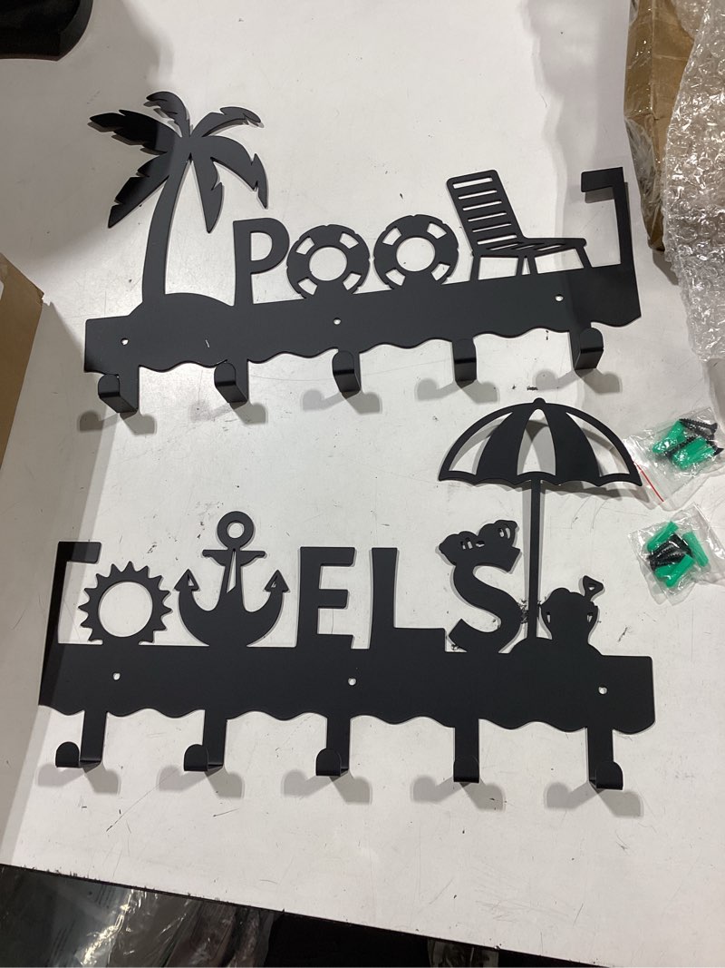 Condition photo showing Good Condition for large pool towel rack (32 inch), outdoor towel rack for pool, wall mounted towel holder towel hanger with 10 hooks, carbon steel towel organizer pool signs and decor for bathrobes, towels, clothes