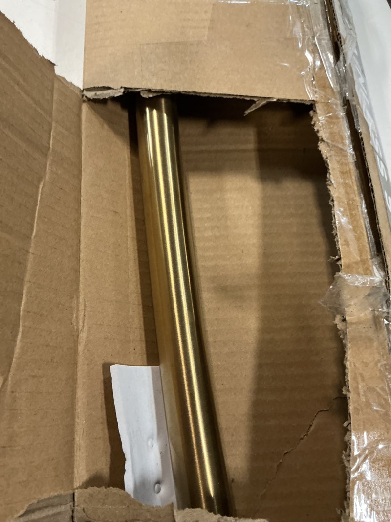 Condition photo showing As Is for moen brushed gold 54 to 72-inch adjustable single curved shower rod, wall mounted permanent shower curtain rod for bathroom, csr2160bg brushed gold rod