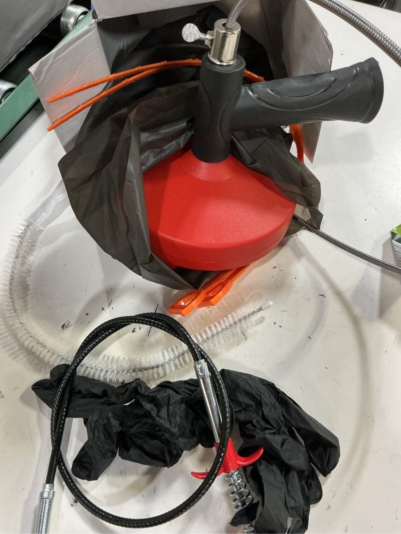 Condition photo showing Good Condition for drain snake auger 33 ft, plumbing snake drain hair clog removal tool, heavy duty snake auger, sink unclogger drain cleaner tool for bathroom kitchen tub shower drain clog remover with gloves, red 33 feet drain auger