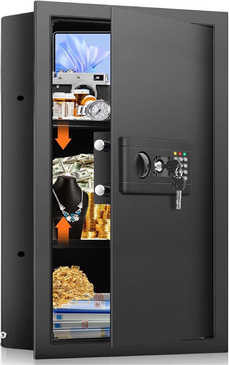 **similar to** fireproof wall safe 25.6\\\" tall fireproof wall safes between the studs 16\\\" centers, hidden wall safe with 2 removable shelf & hidden tray, heavy duty wall mount safe for money, jewelry, passport, valuables