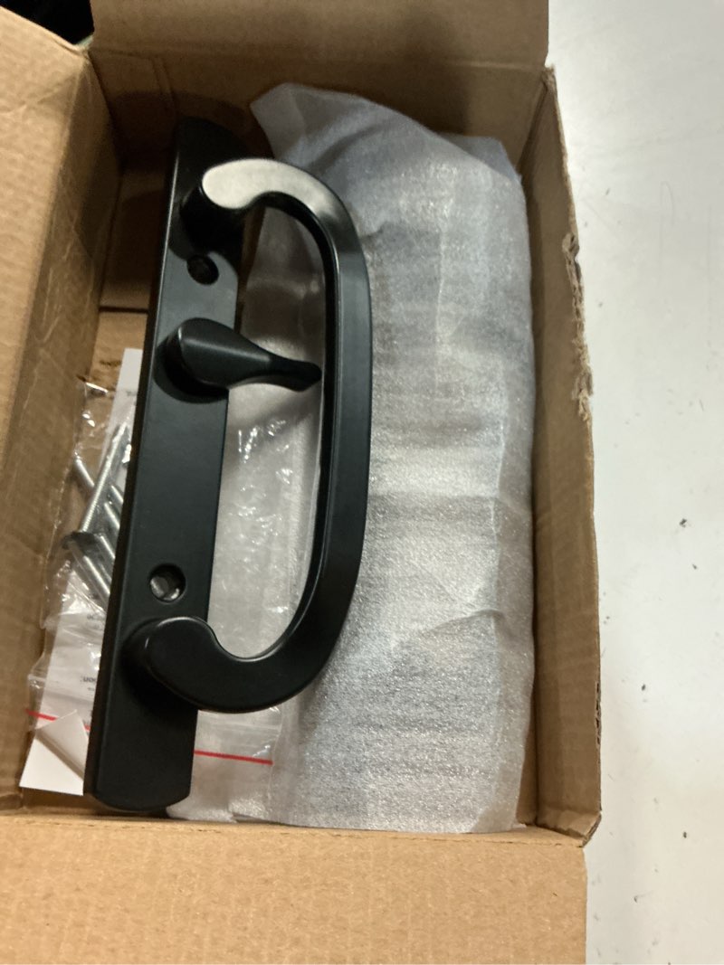 Condition photo showing Good Condition for offset sliding patio door handle set, 3-15/16" screw hole spacing, reversible non-handed sliding glass door handle replacement, fits 1-3/8" to 2" thick doors, white (black)