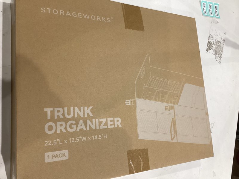 Condition photo showing Good Condition for StorageWorks Trunk Organizer for SUV, Multi-Compartment Car Trunk Organizer, Car Organizer and storage with Aluminum Alloy Handle, Medium, Black and Orange, 1-Pack