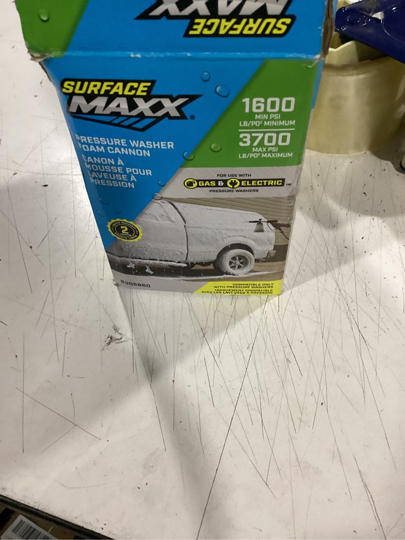 Condition photo showing As Is for surface maxx pressure washer foam cannon