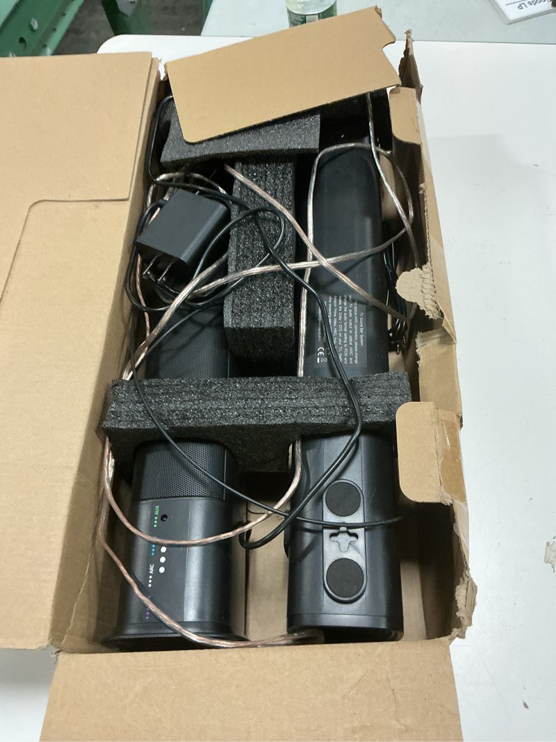 Condition photo showing As Is for sound bar for smart tv, 80w 2.0 channel detachable soundbar with optical/arc/aux/bluetooth, surround sound system for home theater, wall mountable or desktop tv speaker. 80w 31 inch