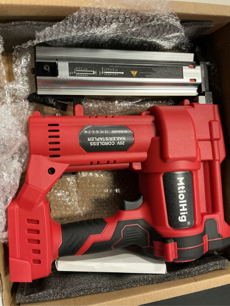 Condition photo showing Good Condition for cordless 2" brad nailer compatible with milwaukee battery(no battery), 2-in-1 electric nail gun/staple gun, 18 gauge nail gun battery powered with 1000 nails for wood carpentry, 7.2lb red 2" compatible with milwaukee