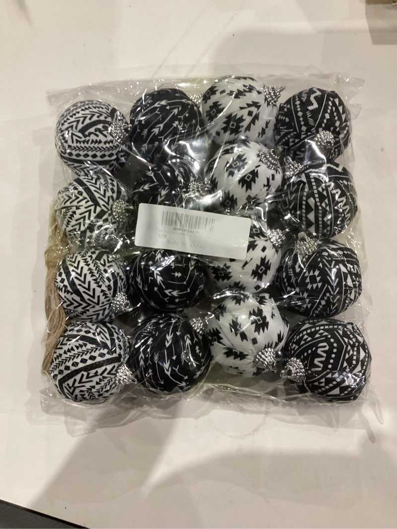 Condition photo showing New/Like New for 16 Pcs Christmas Ball Ornaments Aztec Christmas Tree Ornaments Black and White Hanging Decorations Western Cowboy Ball Ornament with Jute String for Xmas Party Farmhouse Decor (Black and White)