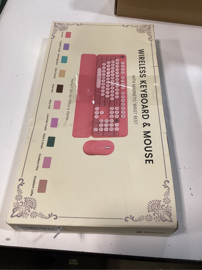Condition photo showing New/Like New for wireless keyboard and mouse combo, cute hot pink full-size retro typewriter keyboard with round keycaps, magnetic wrist rest, tilt legs, 2.4ghz cordless for mac, windows pc, laptop, sablute ck23