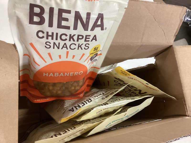 Condition photo showing New/Like New for BIENA Chickpea Snacks - Crunchy Roasted Chickpeas - High Fiber Vegan Protein Snack for Adults & Kids - 6-Pack, 5 oz Bags - BBQ, Habanero, Honey Roasted, Lil' Bit of Everything, Sea Salt, Rockin' Ranch Variety Pack 6 Pack