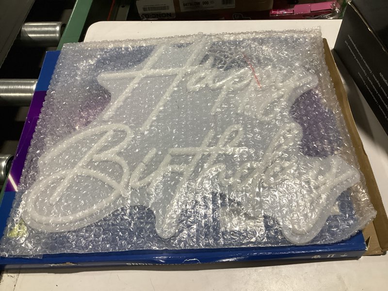Condition photo showing As Is for happy birthday neon sign for wall decor, dimmable led happy birthday light up sign, happy birthday sign for all birthday party decoration backdrop and any ages bday celebration, white white-happy birthday