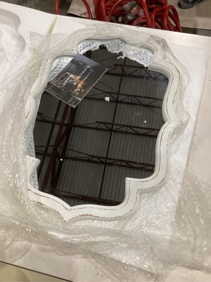 Condition photo showing Good Condition for rustic scalloped oval mirrors for bathroom 18 x 24 inch, hanging distressed white wooden framed vintage mirrors for wall decor living room, farmhouse wavy entryway wall mirror decorative white,17.9 x 24