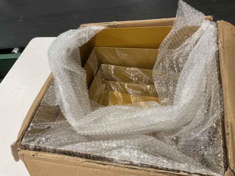 Condition photo showing Good Condition for Metal Buffet Risers,4PCS OVERSIZED Food Risers for Buffet Table 8''X9''10''X11'' Display Stand with Mini Acrylic Signs for Catering Dessert Collectibles Jewelry Figures Show Gold Cube Boxes Nesting Risers with Hollow Bottoms Gold Oversized(8IN to11IN)